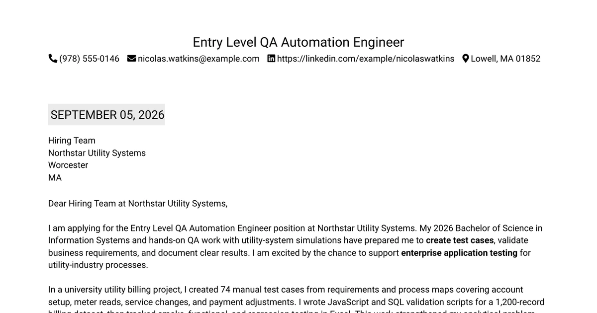 30+ Entry Level QA Automation Engineer Cover Letter Templates with Example 2026