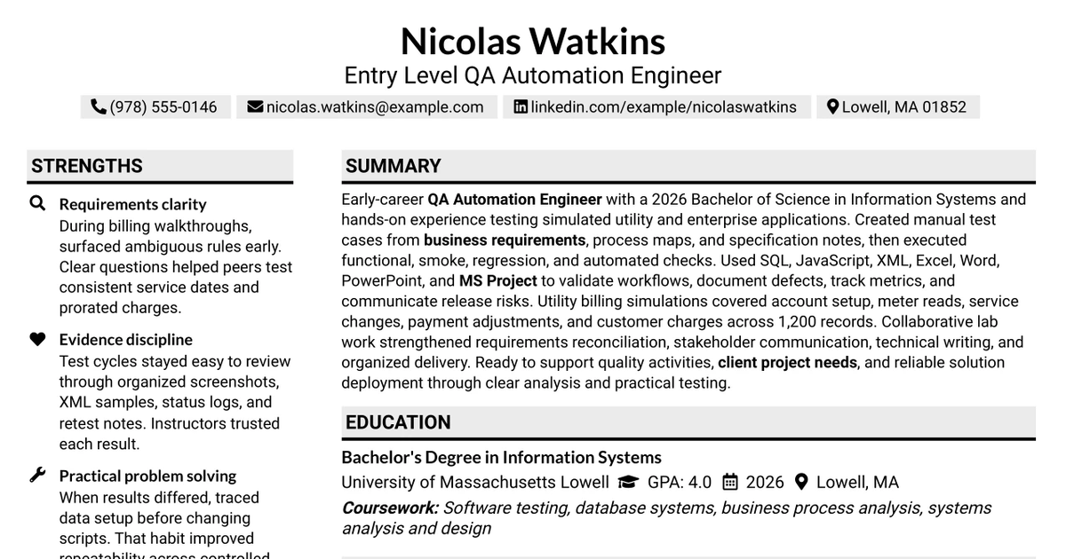 33 Entry Level QA Automation Engineer Resume Templates with Example 2026 (ATS-Optimized)