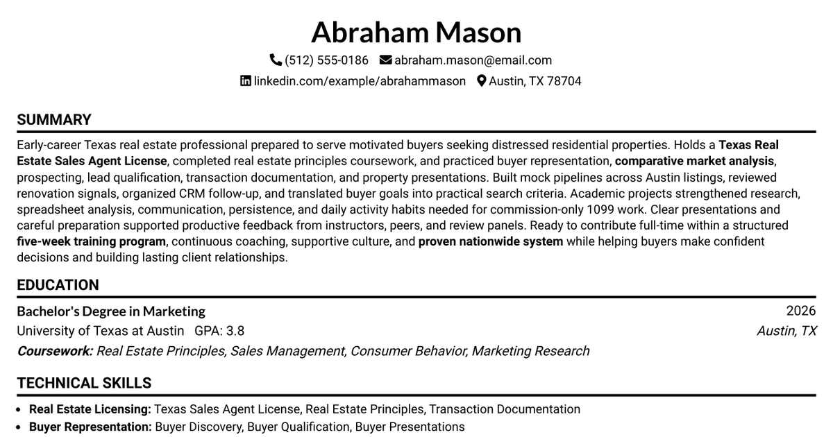 33 Entry-Level Real Estate Agent with Training Program Resume Templates with Example 2026 (ATS-Optimized)