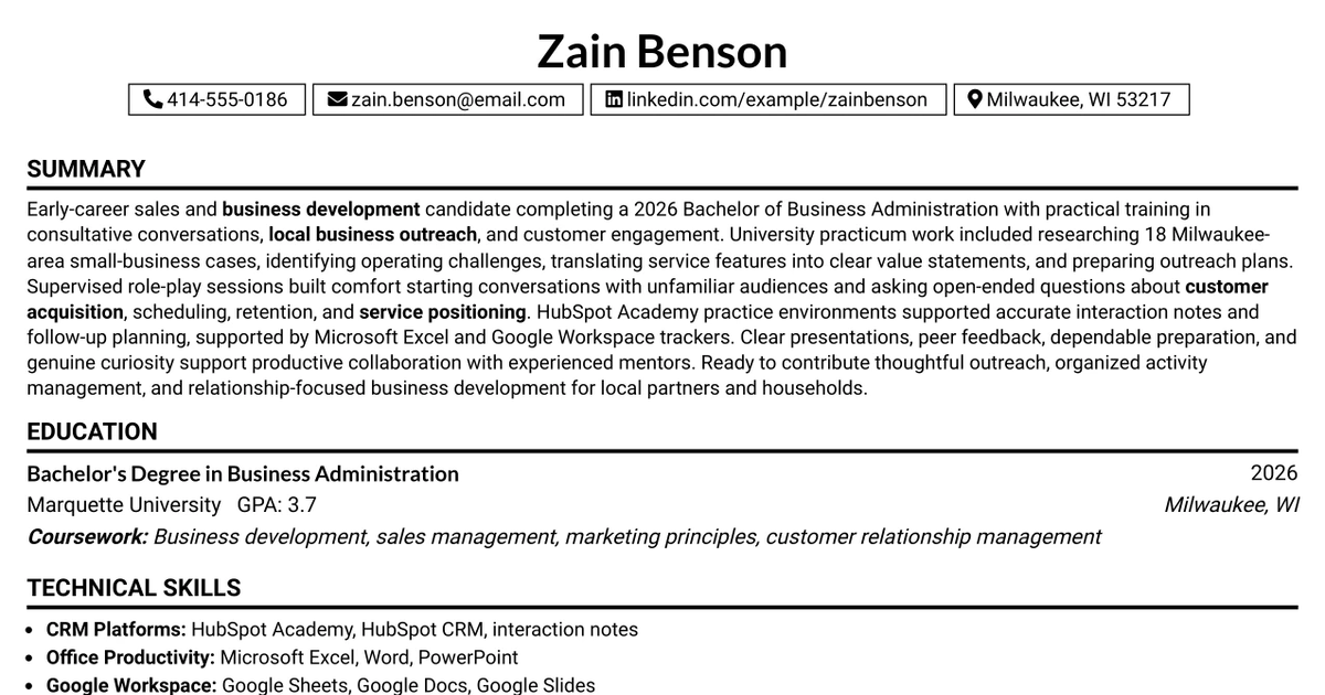 33 Entry Level Sales/Business Development Resume Templates with Example 2026 (ATS-Optimized)