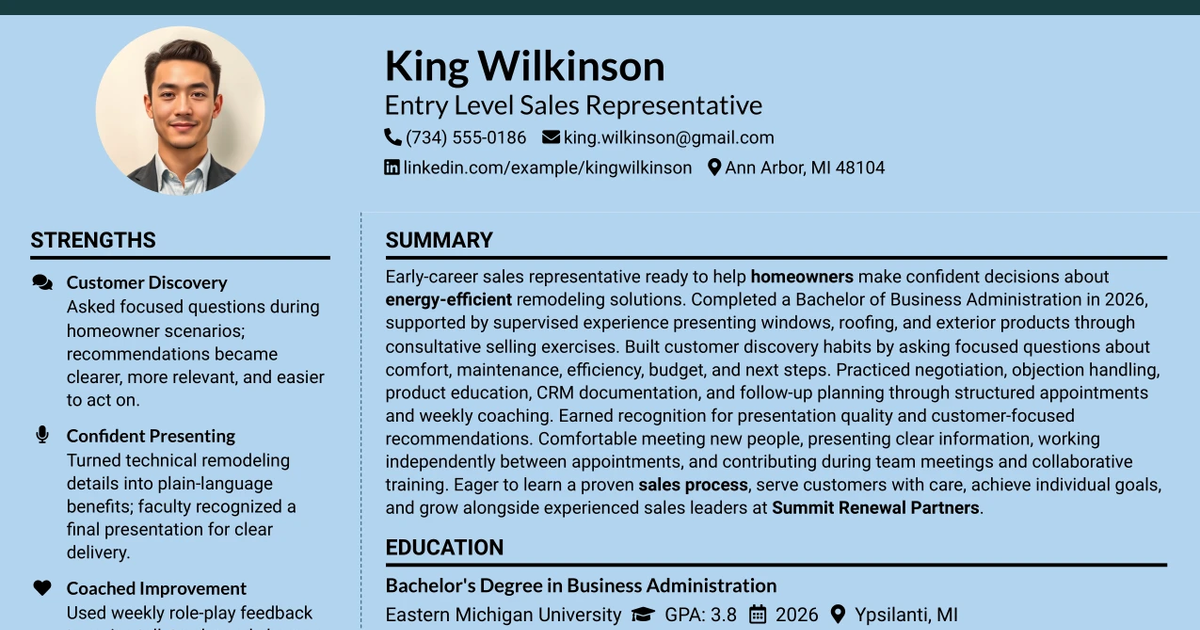 33 Entry Level Sales Representative Resume Templates with Example 2026 (ATS-Optimized)