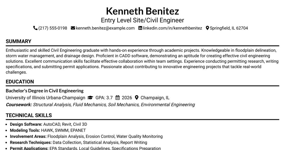 33 Entry Level Site/Civil Engineer Resume Templates with Example 2026 (ATS-Optimized)