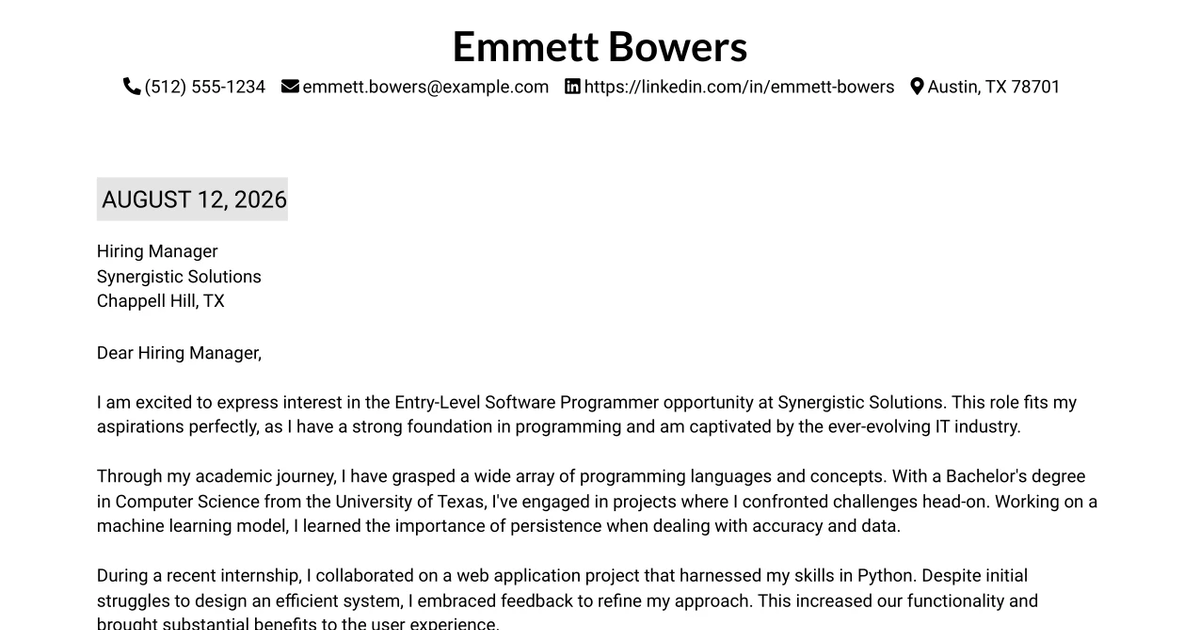 30+ Entry-Level Software Programmer Cover Letter Templates with Example 2026