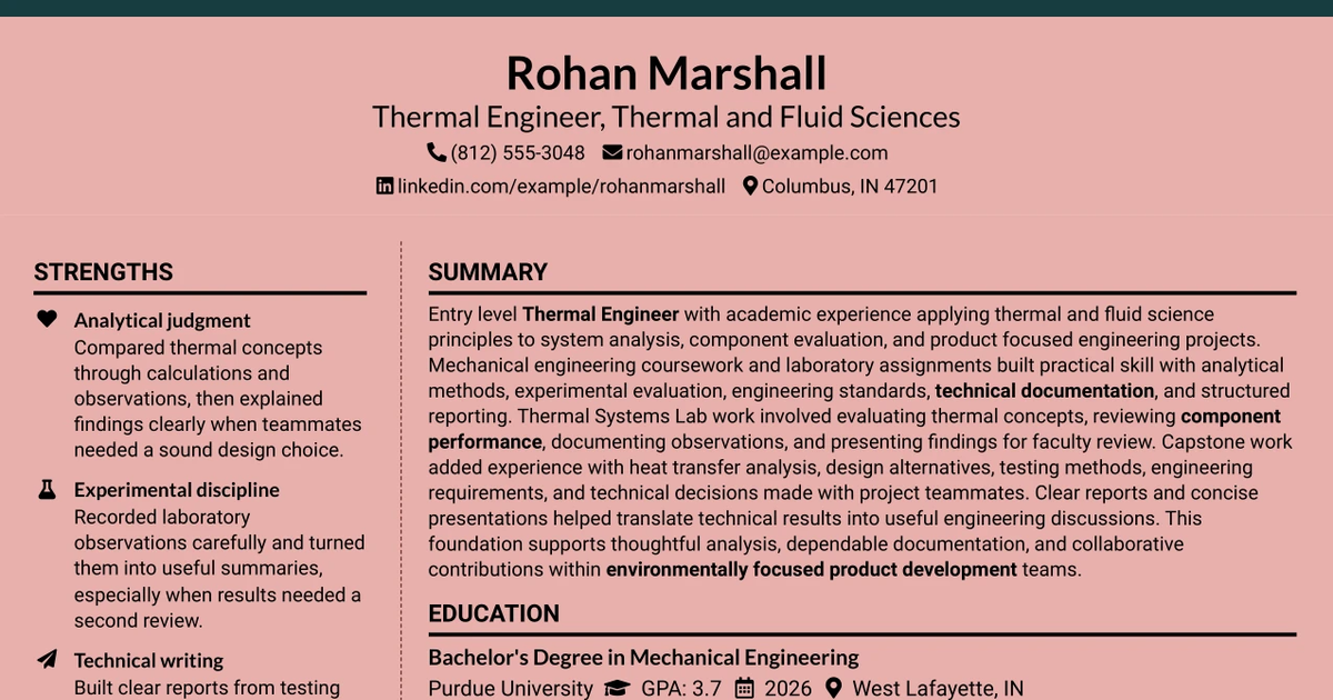33 Entry-Level Thermal Engineer - Thermal and Fluid Sciences Resume Templates with Example 2026 (ATS-Optimized)