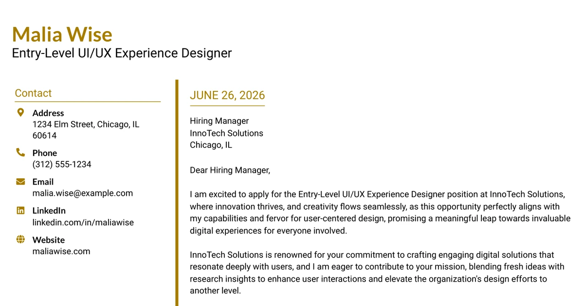 30+ Entry-Level UI/UX Experience Designer Cover Letter Templates with Example 2026