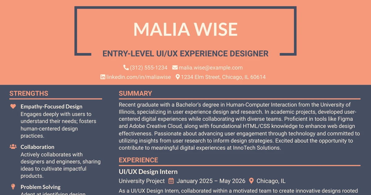 33 Entry-Level UI/UX Experience Designer Resume Templates with Example 2026 (ATS-Optimized)