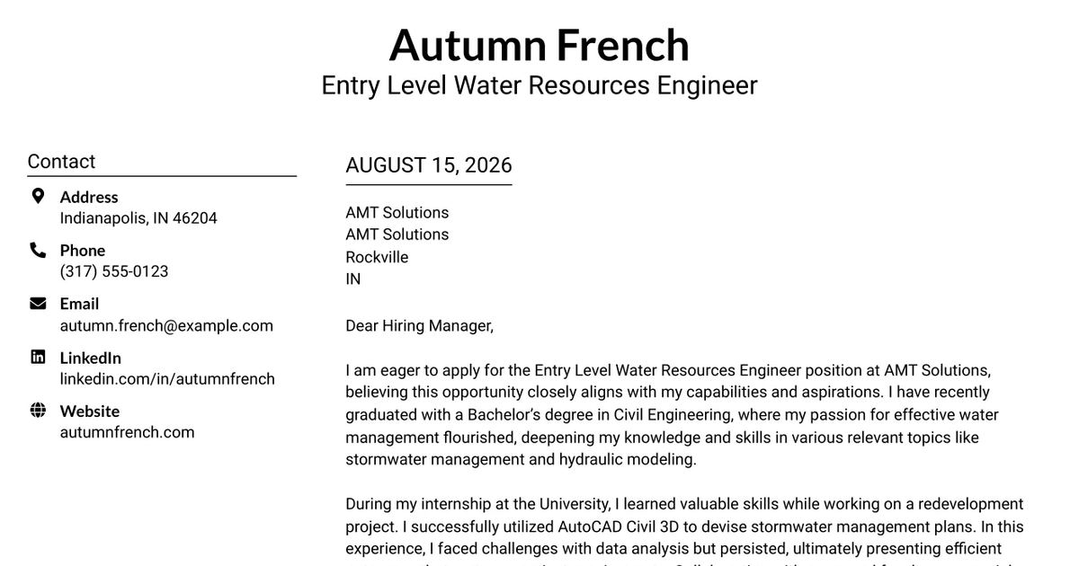 30+ Entry Level Water Resources Engineer Cover Letter Templates with Example 2026
