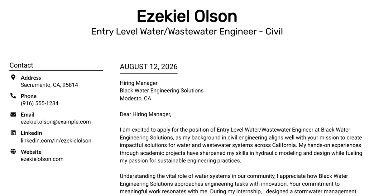 30+ Entry Level Water/Wastewater Engineer - Civil Cover Letter Templates with Example 2026