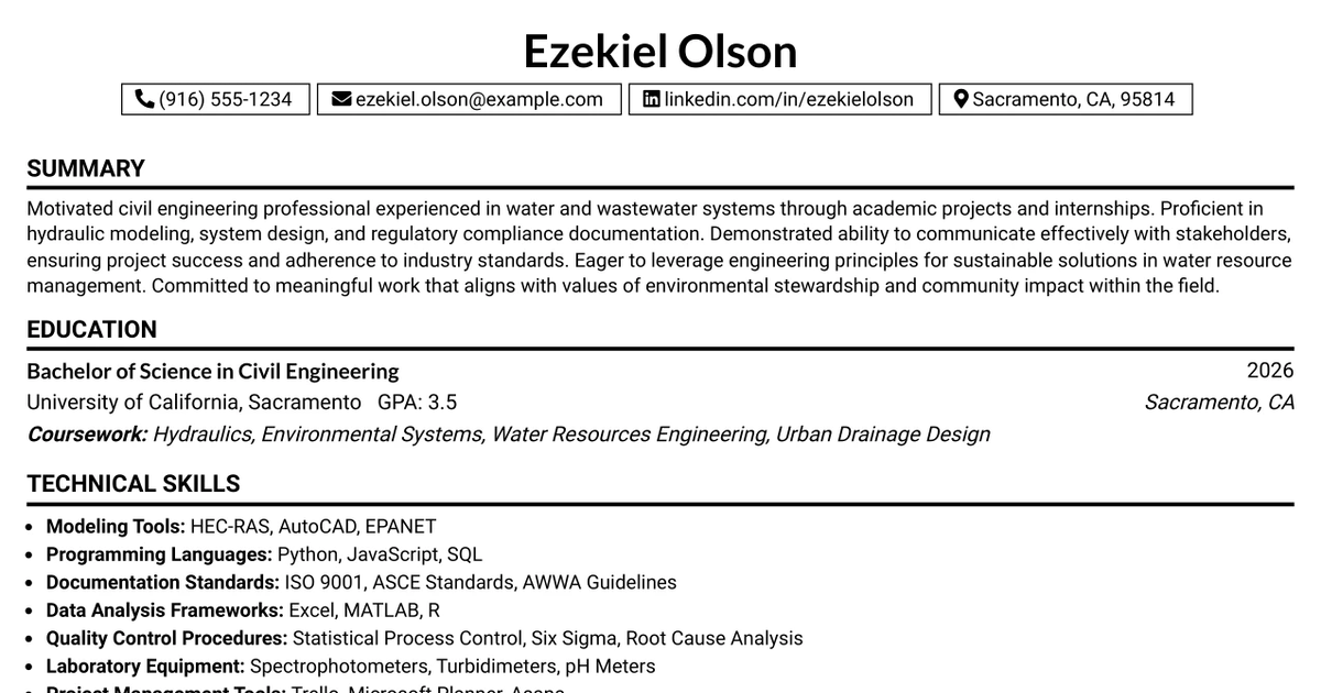 33 Entry Level Water/Wastewater Engineer - Civil Resume Templates with Example 2026 (ATS-Optimized)