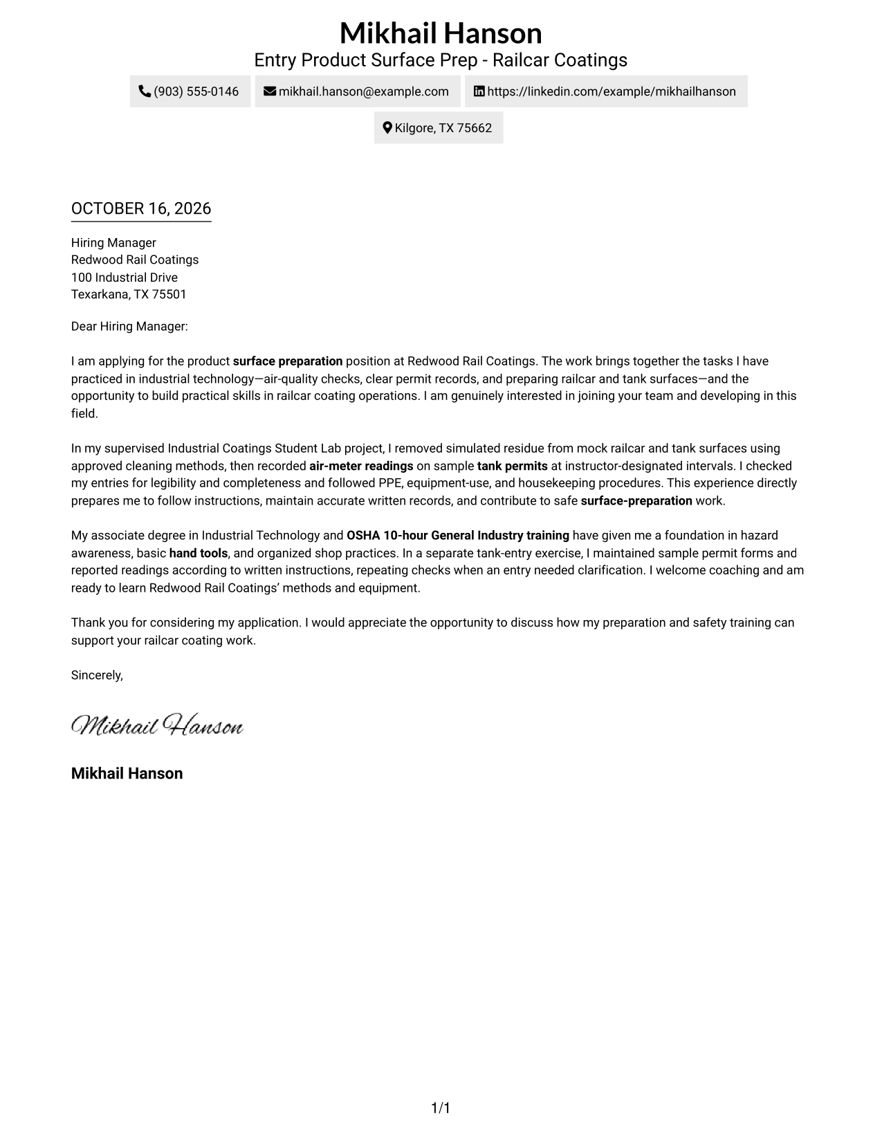 Cover letter example — page 1