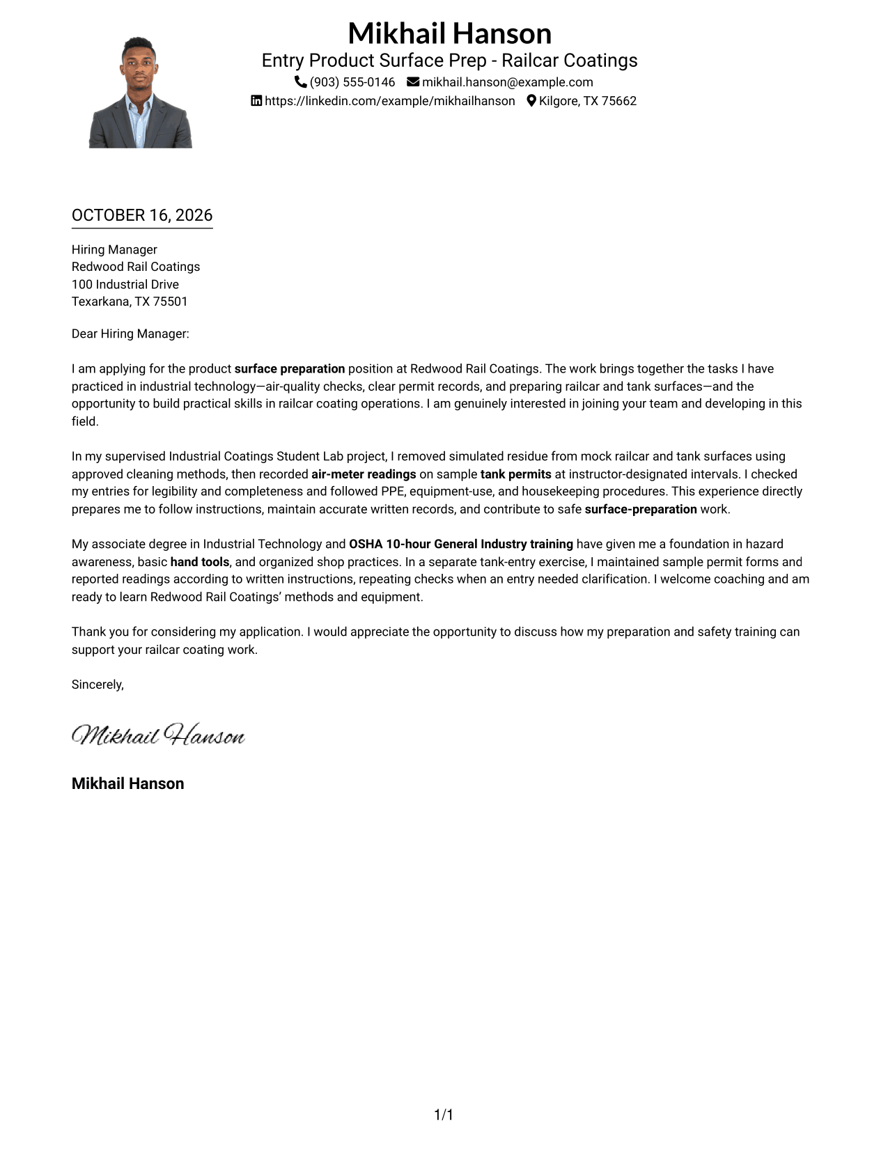 Cover letter example — page 1