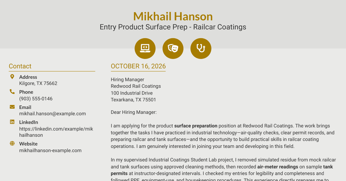 7 Entry Product Surface Prep - Railcar Coatings Cover Letter Templates with Example