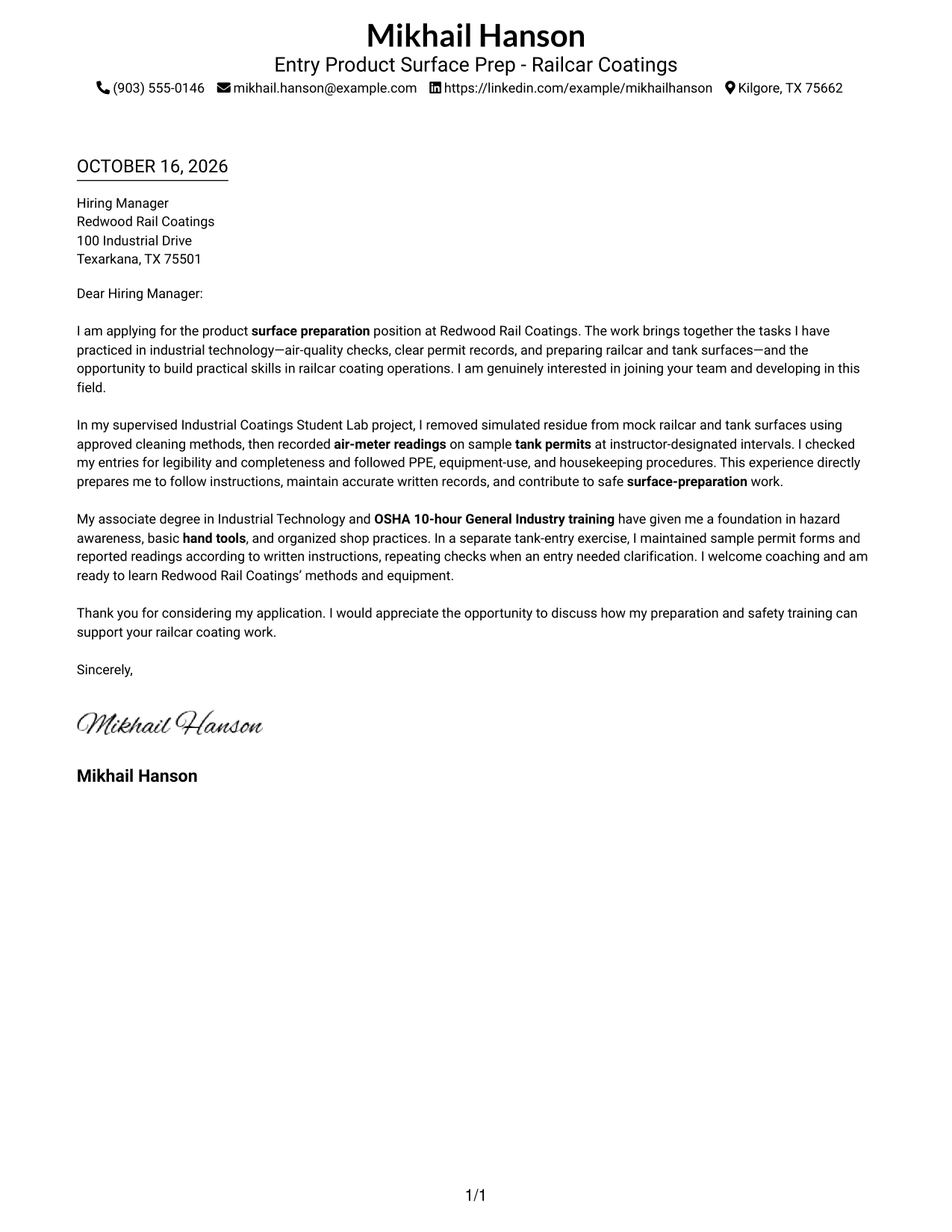 Cover letter example — page 1