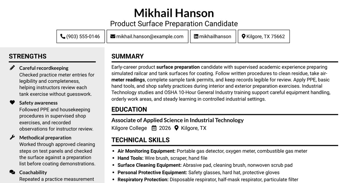 7 Entry Product Surface Prep - Railcar Coatings Resume Templates with Example