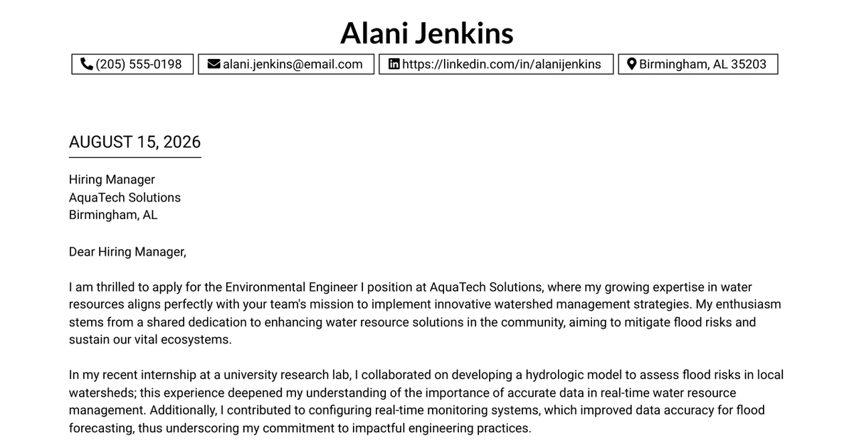 30+ Environmental Engineer I - Water Resources Cover Letter Templates with Example 2026