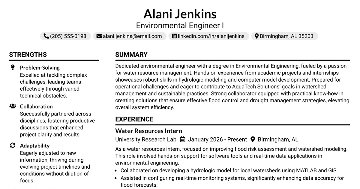 33 Environmental Engineer I - Water Resources Resume Templates with Example 2026 (ATS-Optimized)