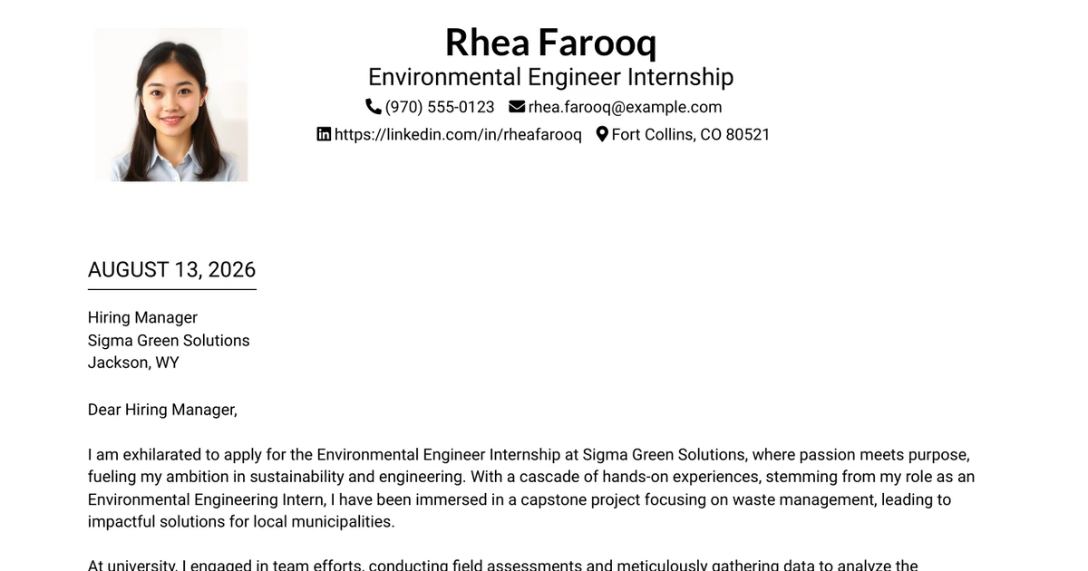 30+ Environmental Engineer Internship Cover Letter Templates with Example 2026