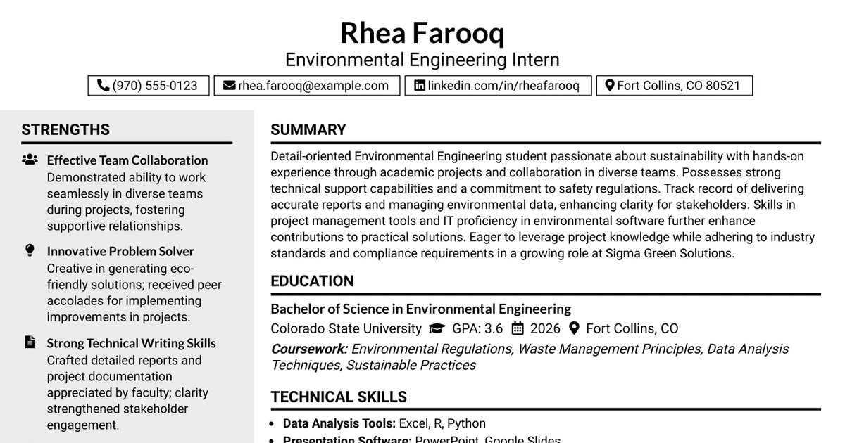 33 Environmental Engineer Internship Resume Templates with Example 2026 (ATS-Optimized)
