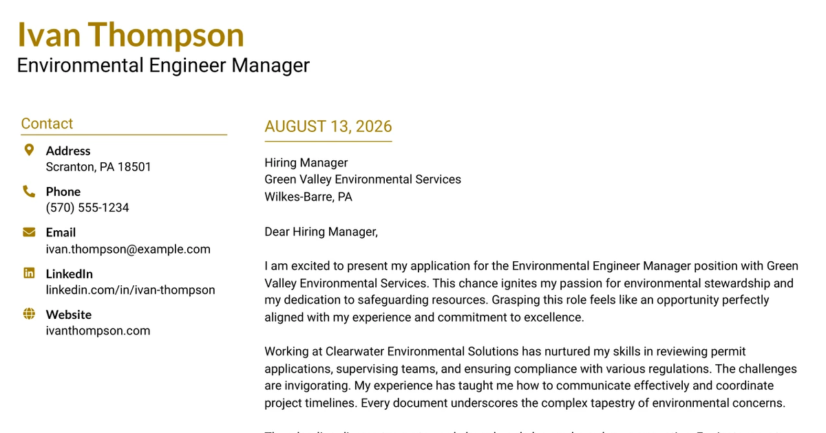 30+ Environmental Engineer Manager Cover Letter Templates with Example 2026