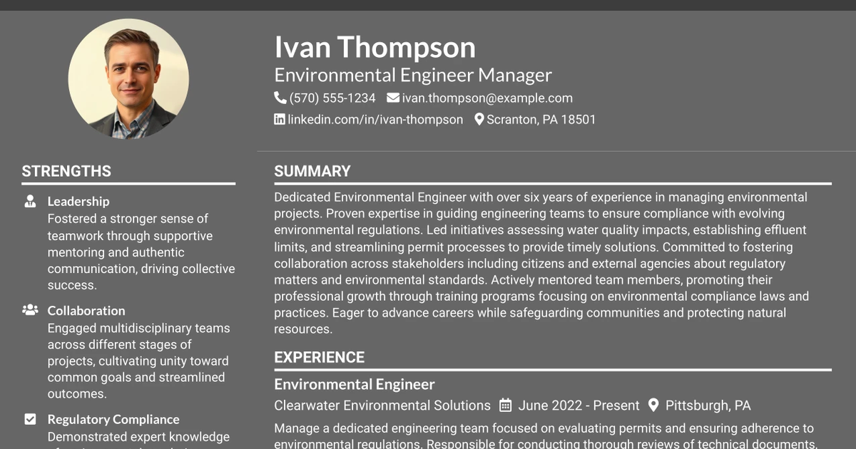 33 Environmental Engineer Manager Resume Templates with Example 2026 (ATS-Optimized)