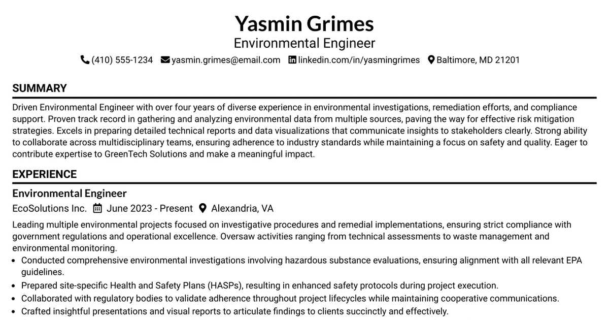 33 Environmental Engineer Resume Templates with Example 2026 (ATS-Optimized)