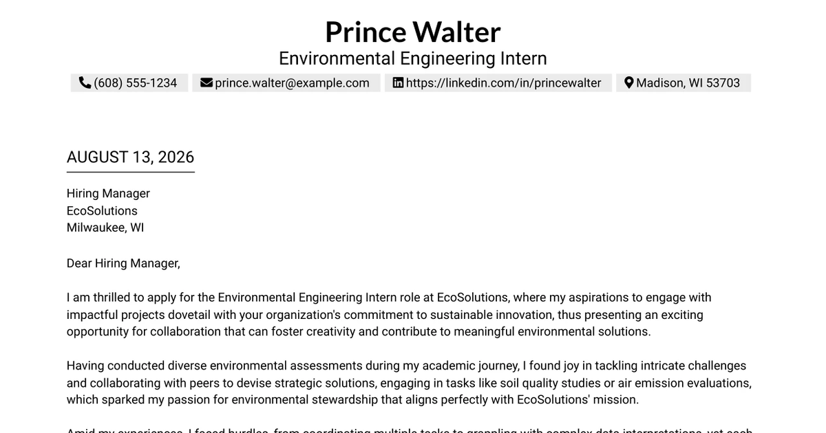 30+ Environmental Engineering Intern Cover Letter Templates with Example 2026
