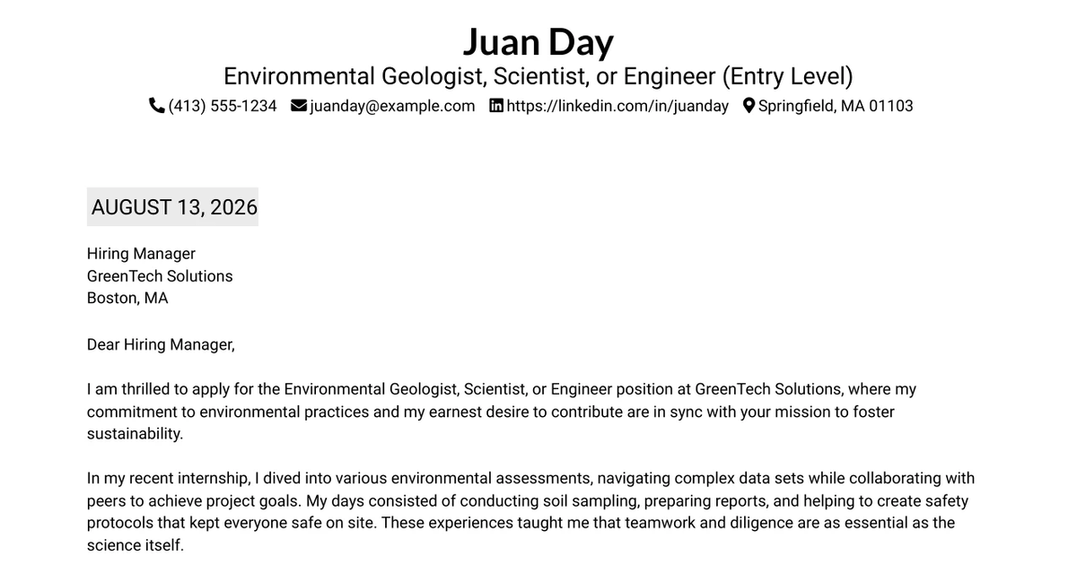 30+ Environmental Geologist, Scientist, or Engineer (Entry Level) Cover Letter Templates with Example 2026