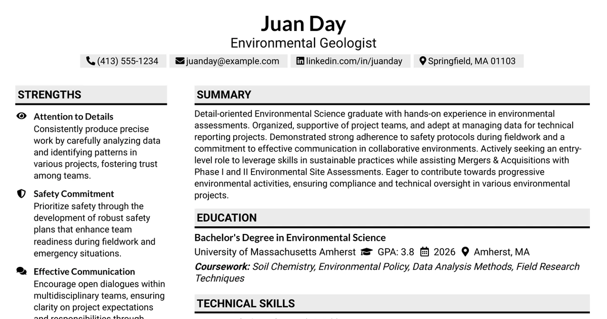 33 Environmental Geologist, Scientist, or Engineer (Entry Level) Resume Templates with Example 2026 (ATS-Optimized)