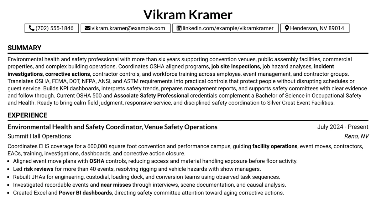 33 Environmental Health and Safety Coordinator - Venue Safety Operations Resume Templates with Example 2026 (ATS-Optimized)
