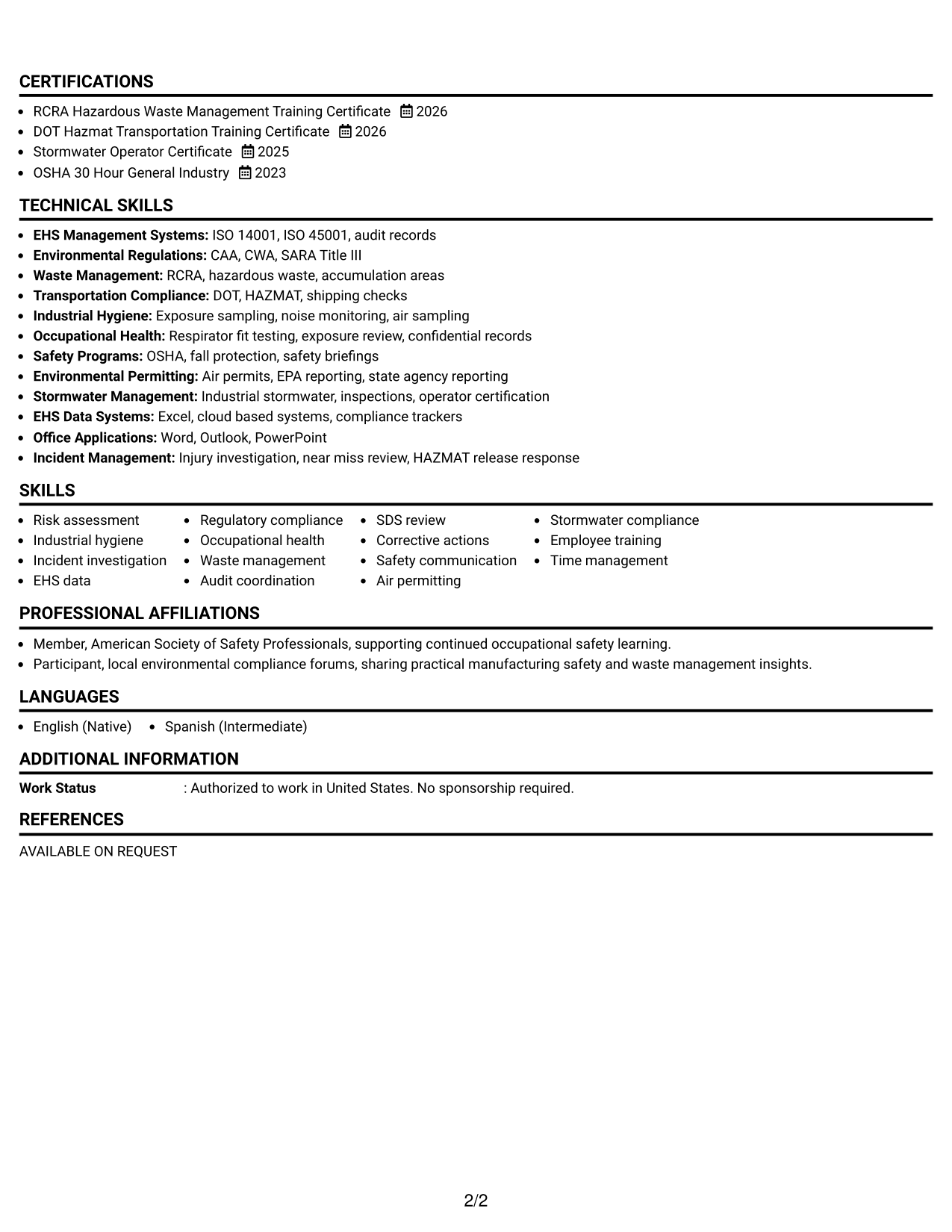 Resume Example Page 2