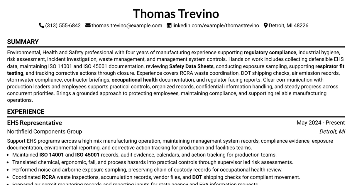 7 Environmental, Health and Safety Representative Resume Templates with Example