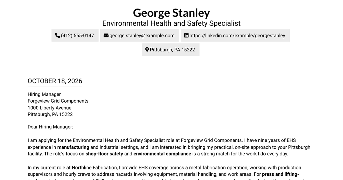 7 Environmental Health and Safety Specialist - Manufacturing Cover Letter Templates with Example