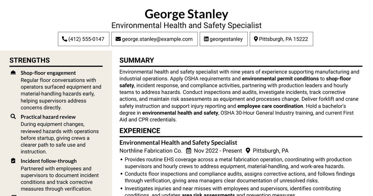7 Environmental Health and Safety Specialist - Manufacturing Resume Templates with Example