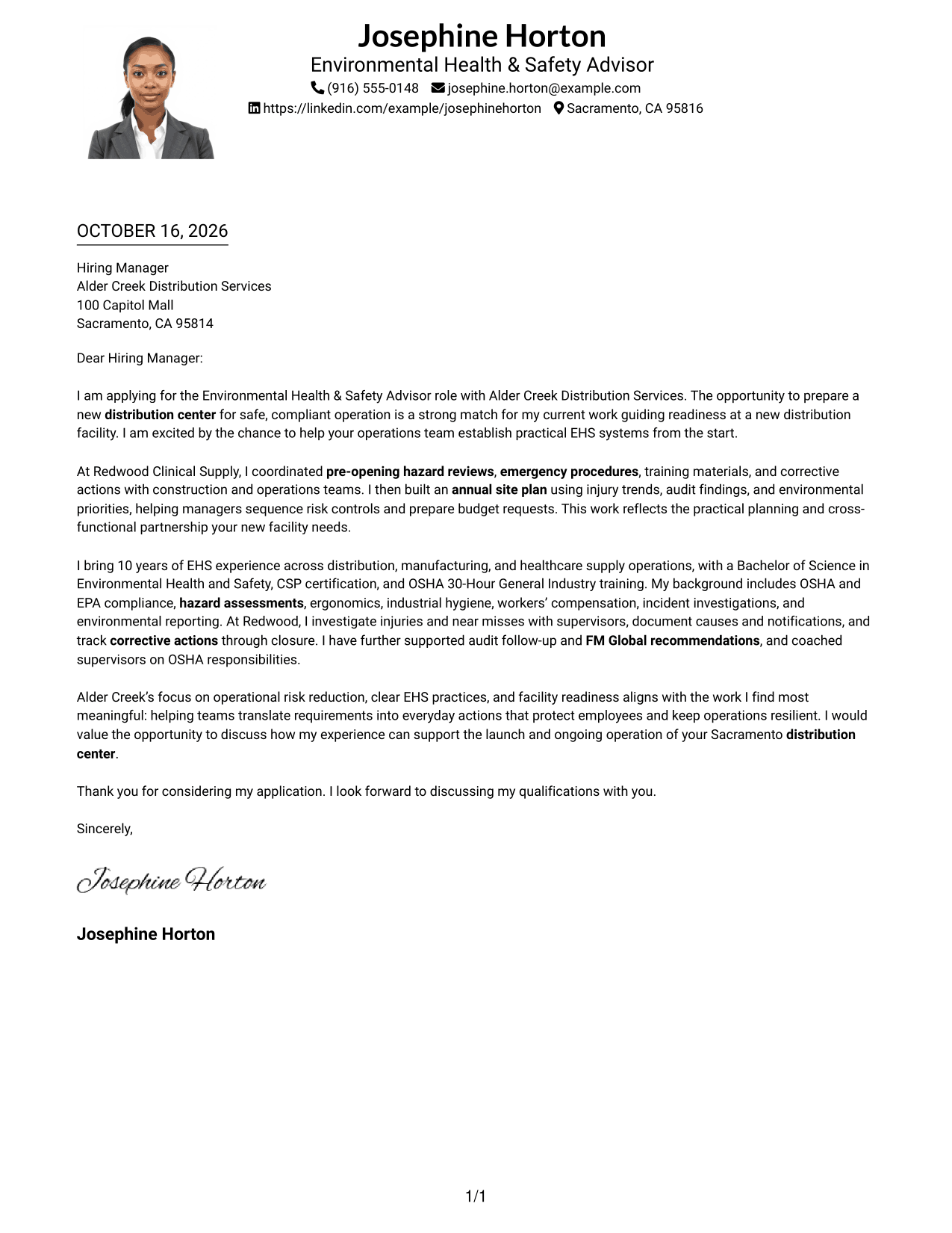 Cover letter example — page 1