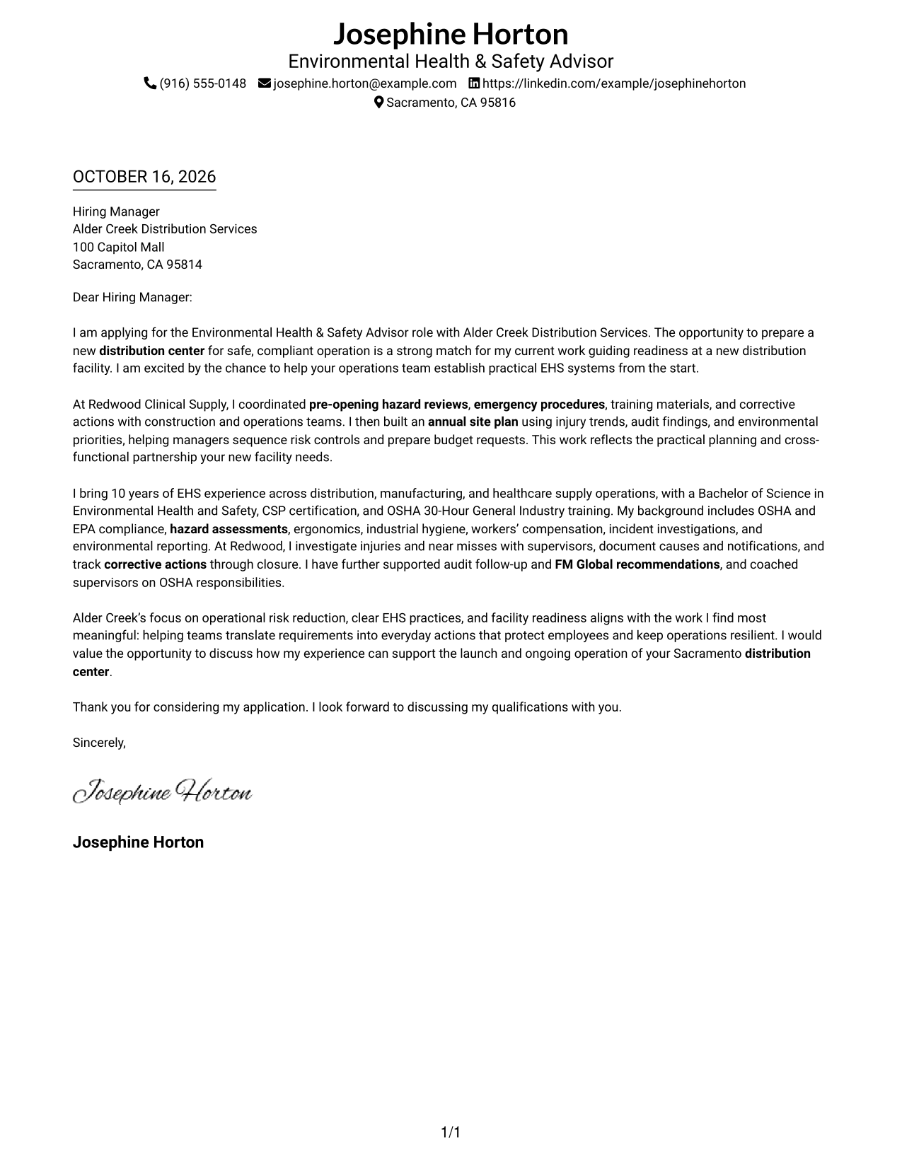 Cover letter example — page 1