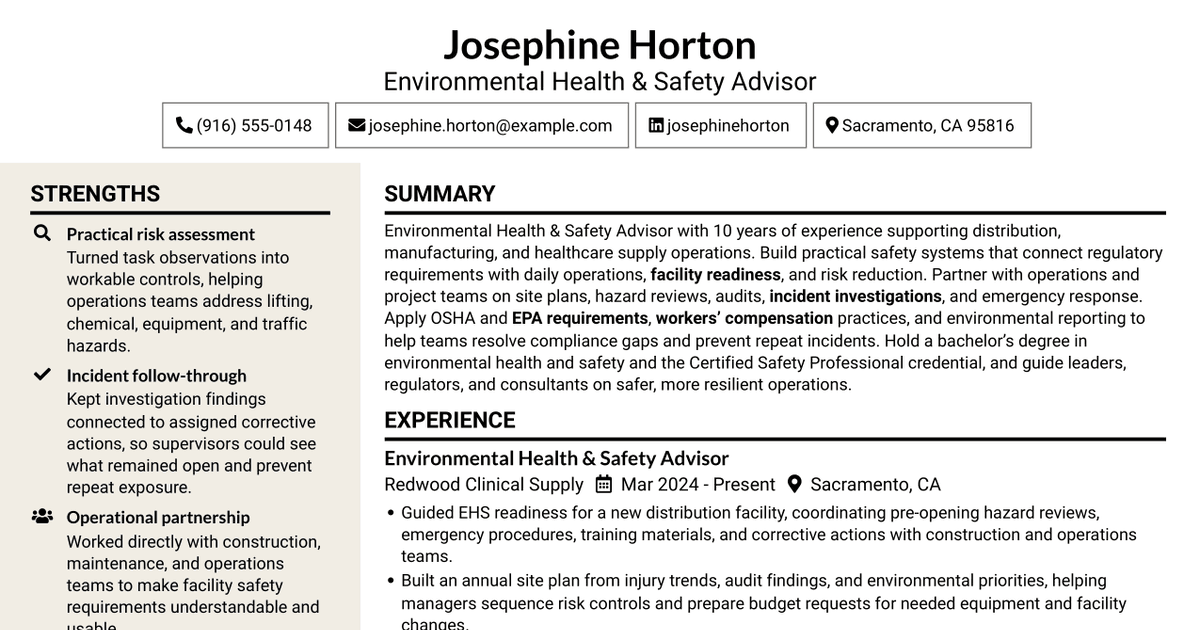7 Environmental Health & Safety Advisor - Distribution Center Safety Resume Templates with Example