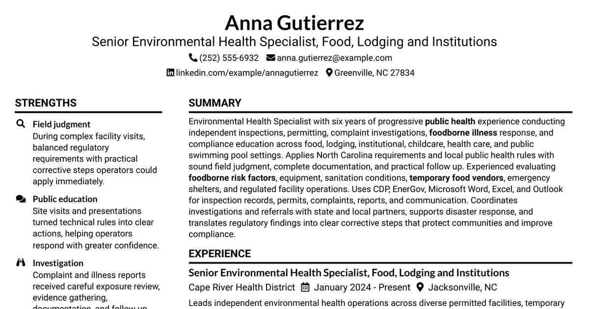 7 Environmental Health Specialist - Food, Lodging & Institutions Resume Templates with Example