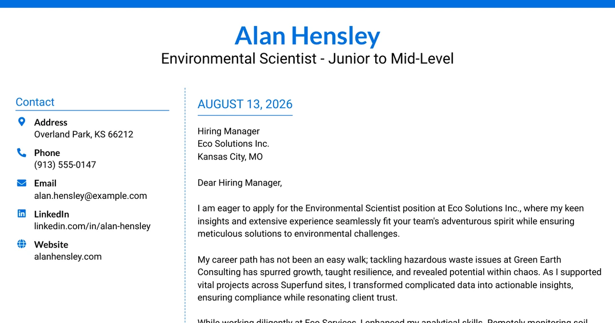 30+ Environmental Scientist - Junior to Mid-Level Cover Letter Templates with Example 2026