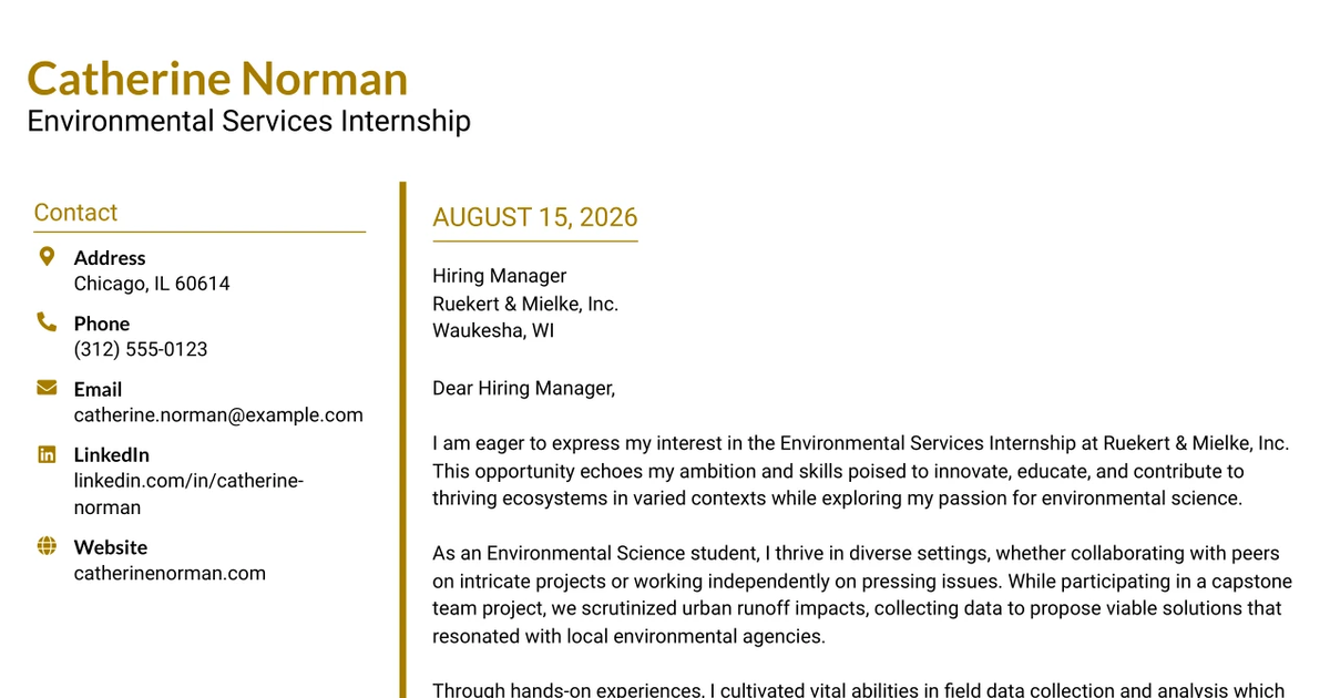 30+ Environmental Services Internship Cover Letter Templates with Example 2026