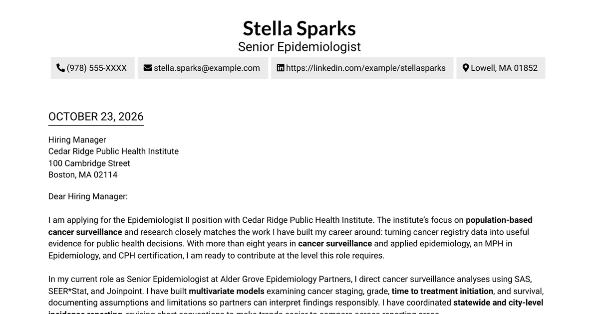 Epidemiologist II - Cancer Surveillance and Epidemiology Cover Letter