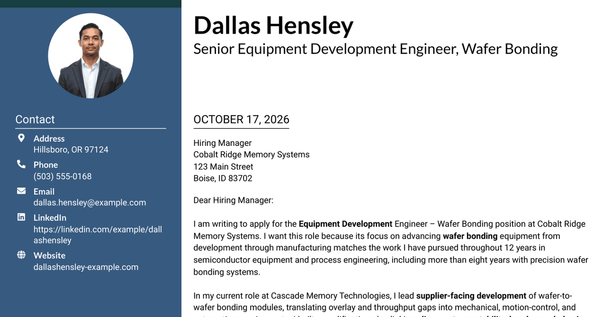 7 Equipment Development Engineer - Wafer Bonding Cover Letter Templates with Example