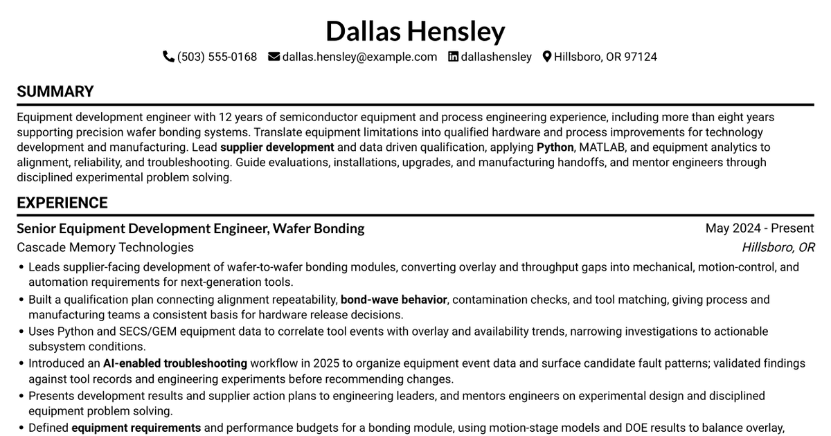 7 Equipment Development Engineer - Wafer Bonding Resume Templates with Example