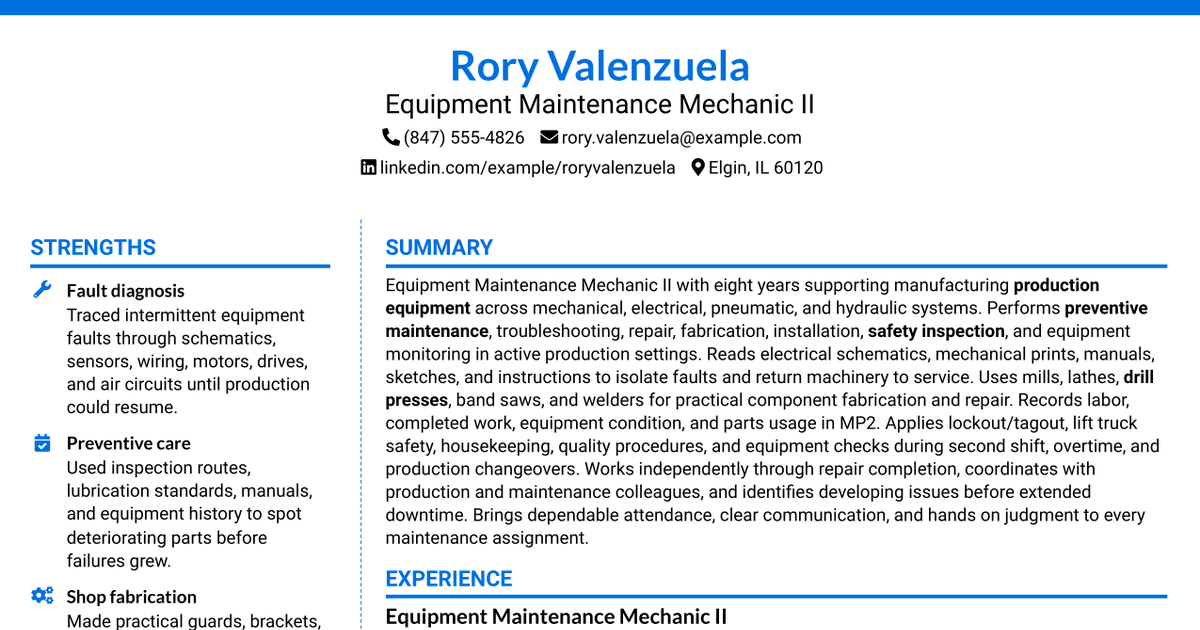 7 Equipment Maintenance Mechanic II Resume Templates with Example
