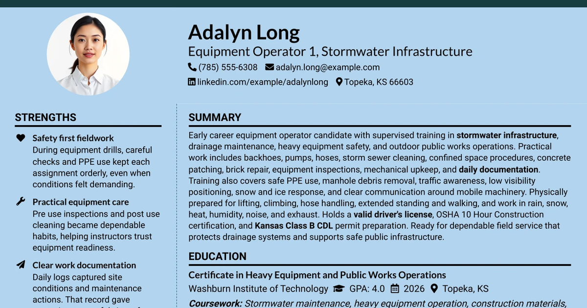 33 Equipment Operator 1 - Stormwater Infrastructure Resume Templates with Example 2026 (ATS-Optimized)