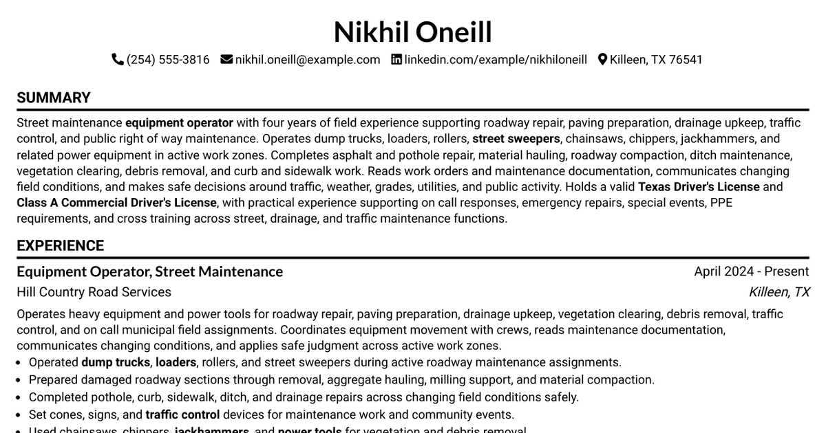 7 Equipment Operator I - Streets Resume Templates with Example
