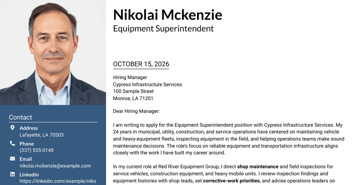 7 Equipment Superintendent - Fleet Maintenance Cover Letter Templates with Example