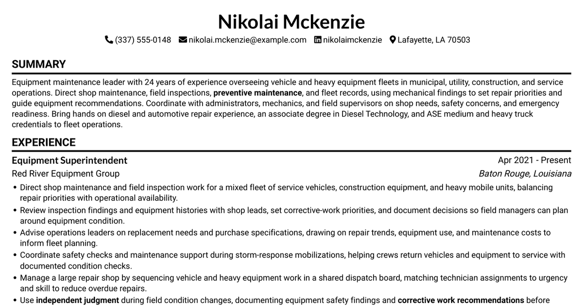 7 Equipment Superintendent - Fleet Maintenance Resume Templates with Example