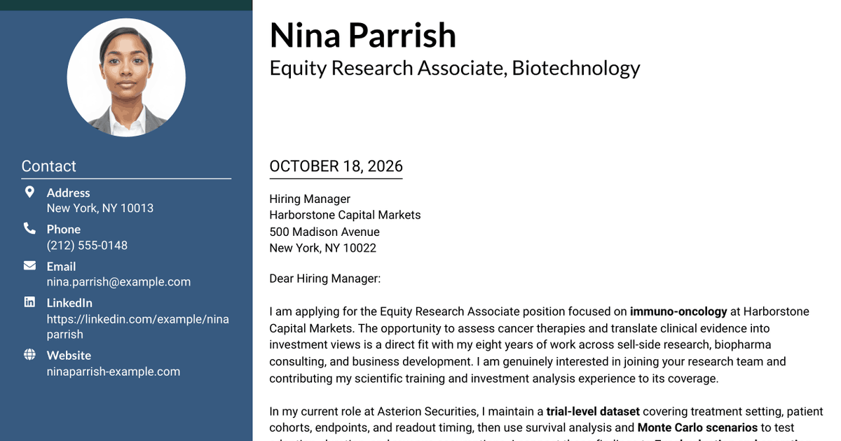 7 Equity Research Associate - Immuno-Oncology Cover Letter Templates with Example