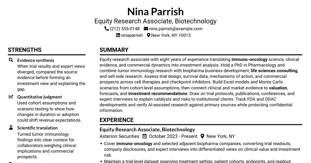 7 Equity Research Associate - Immuno-Oncology Resume Templates with Example