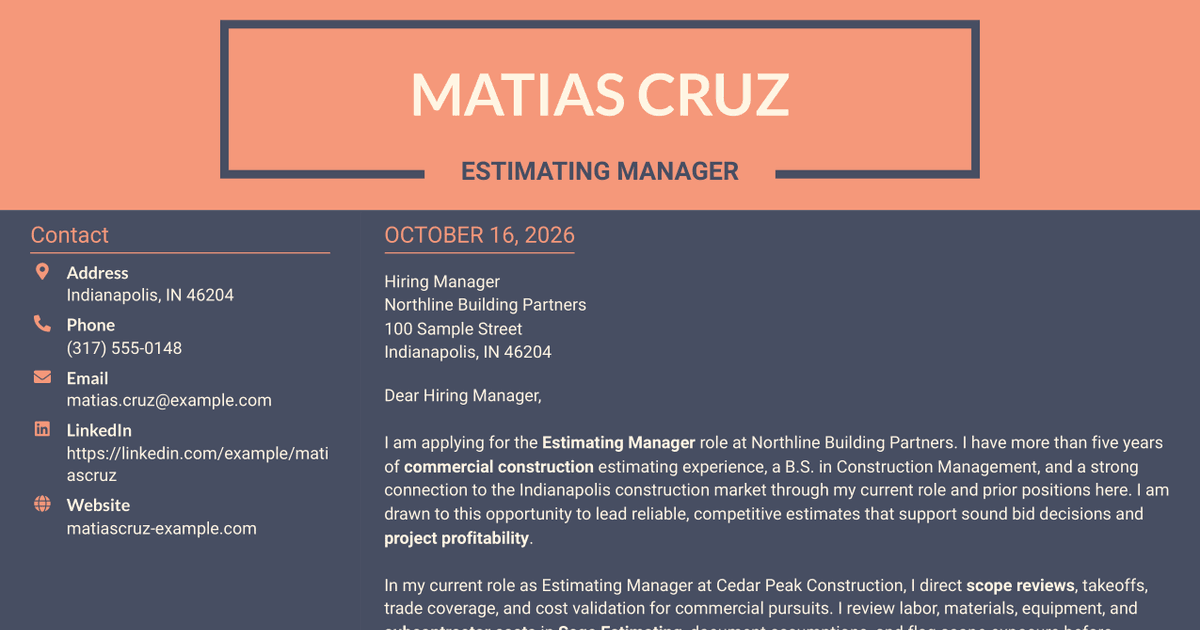 7 Estimating Manager - Commercial Construction Cover Letter Templates with Example